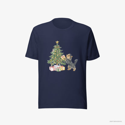 Yorkshire Terrier Placing Christmas Presents Under the Tree Navy T-Shirt