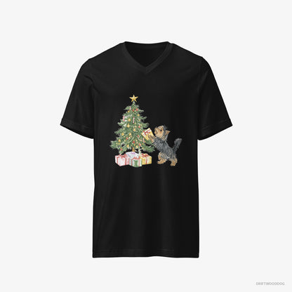 Yorkshire Terrier T-Shirt – Men Black T-Shirt V-Neck – Placing Christmas Presents Under the Tree (on White Background)