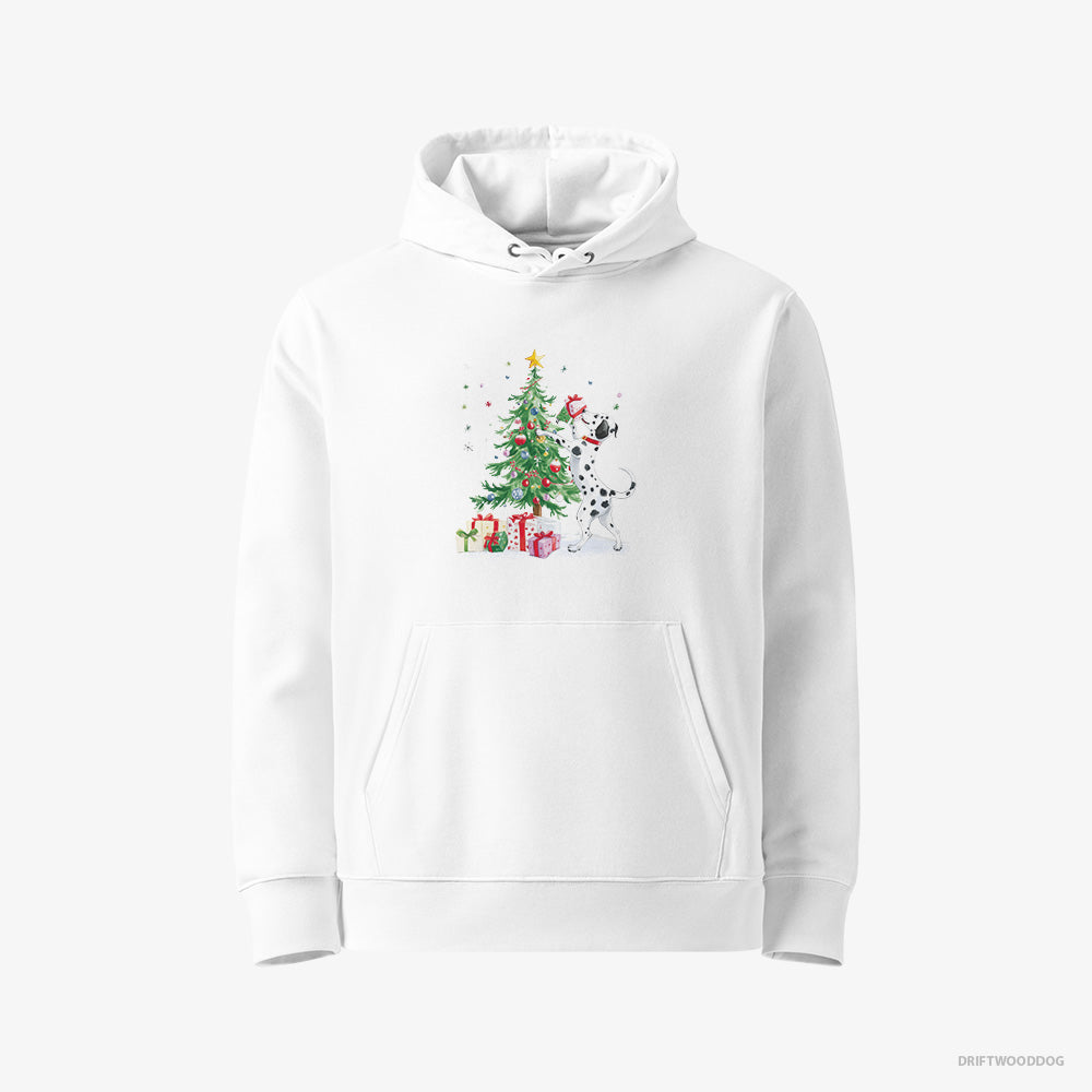 Dalmatian Hoodie – Women White Hoodie Eco-Friendly – Arranging Christmas Tree (on White Background)