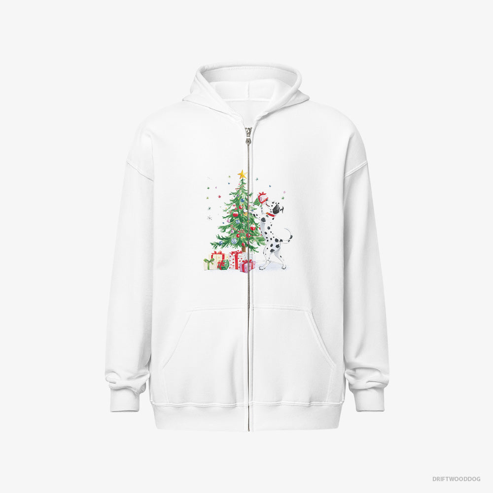 Dalmatian Hoodie – Men White Hoodie Full-Zip – Arranging Christmas Tree (on White Background)