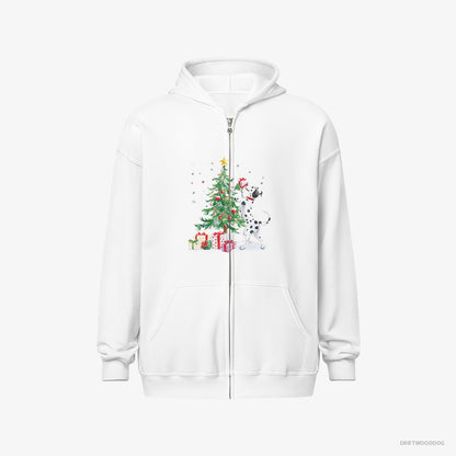 Dalmatian Hoodie – Men White Hoodie Full-Zip – Arranging Christmas Tree (on White Background)