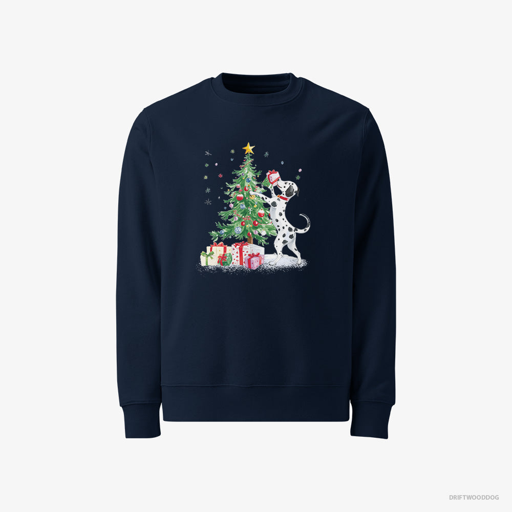 Dalmatian Sweatshirt – Men Navy Sweatshirt Classic – Arranging Christmas Tree (on White Background)