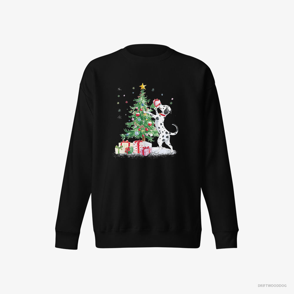 Dalmatian Sweatshirt – Men Black Sweatshirt Eco-Friendly – Arranging Christmas Tree (on White Background)