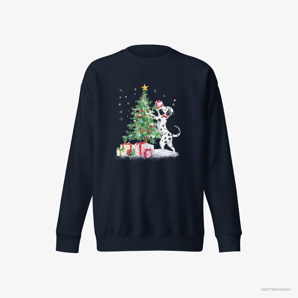 Dalmatian Sweatshirt – Men Navy Sweatshirt Eco-Friendly – Arranging Christmas Tree (on White Background)