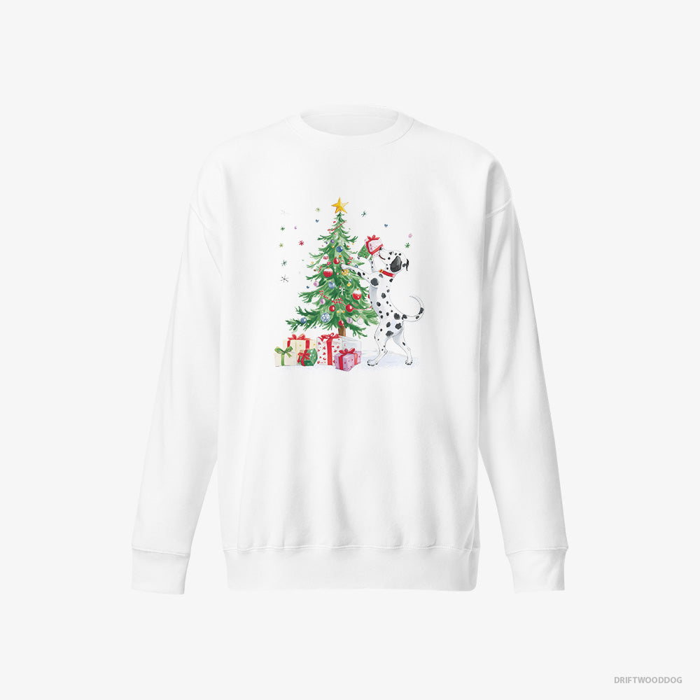 Dalmatian Sweatshirt – Men White Sweatshirt Eco-Friendly – Arranging Christmas Tree (on White Background)