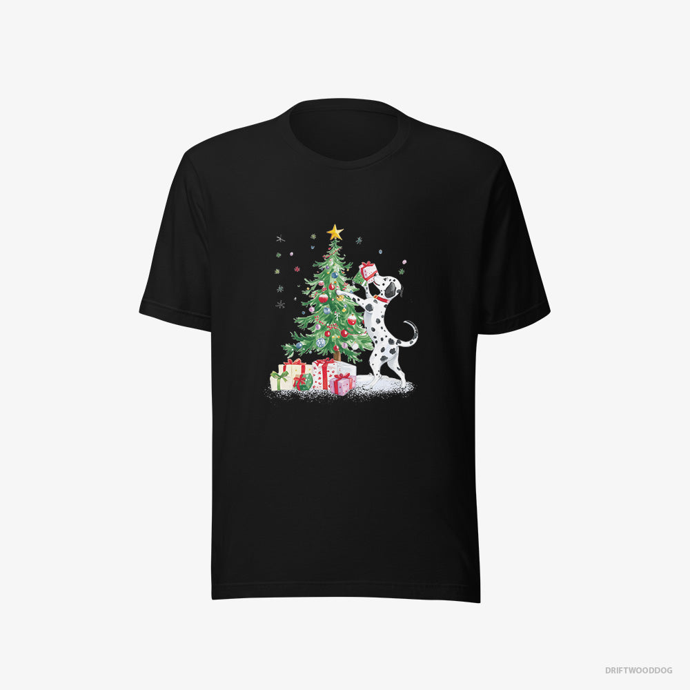 Dalmatian T-Shirt – Men Black T-Shirt Eco-Friendly – Arranging Christmas Tree (on White Background)