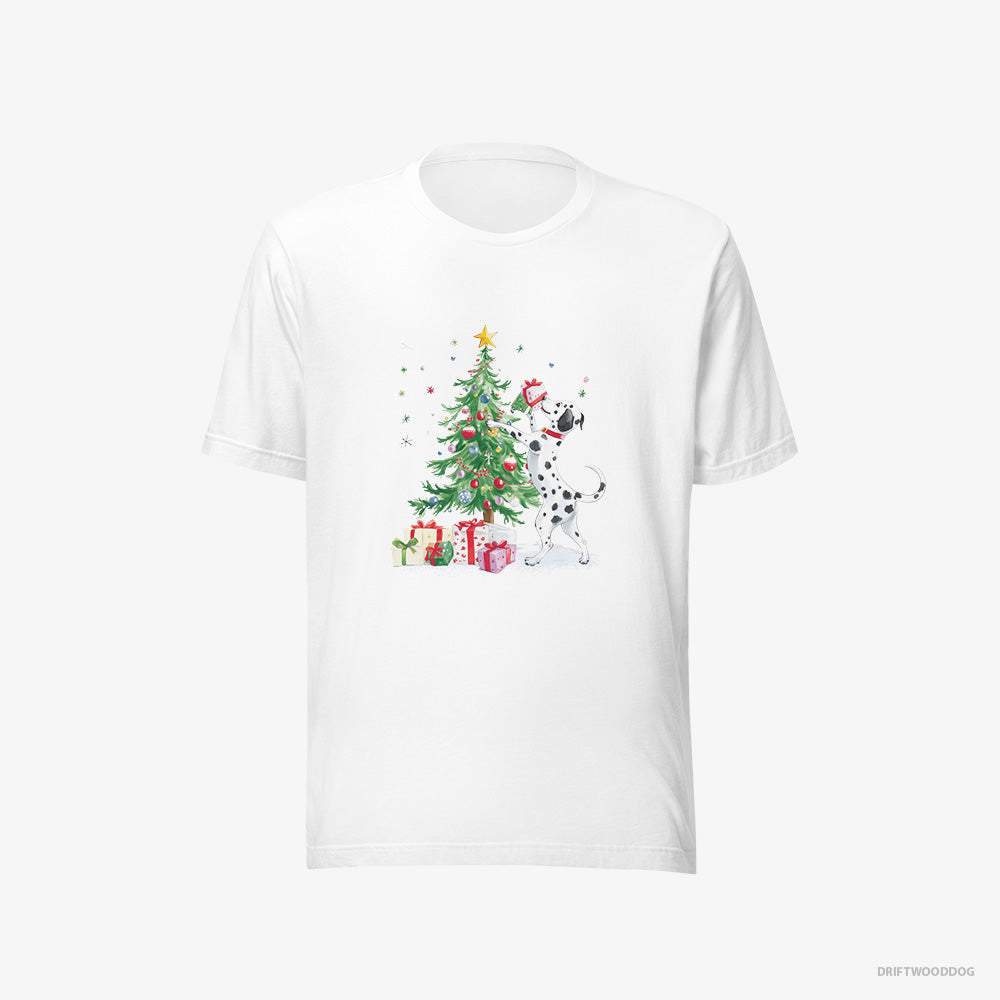 Dalmatian T-Shirt – Women White T-Shirt Eco-Friendly – Arranging Christmas Tree (on White Background)