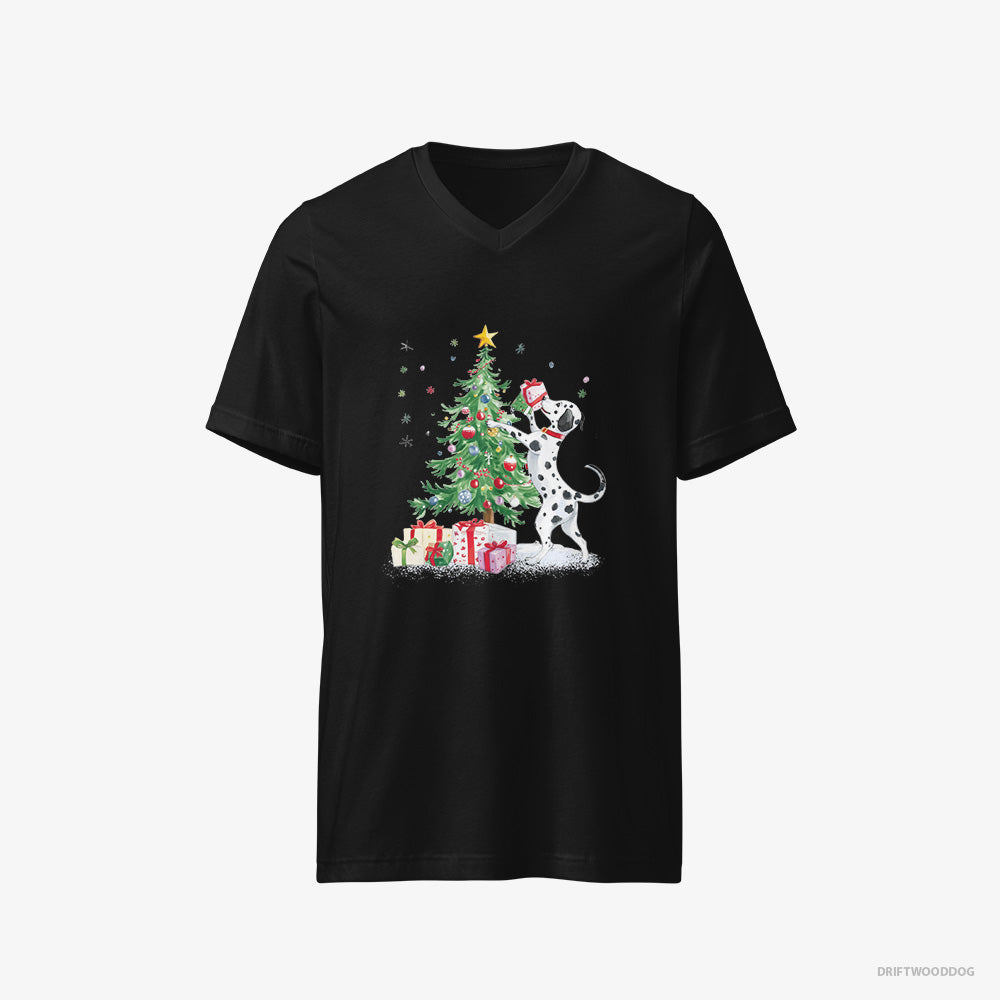 Dalmatian T-Shirt – Men Black T-Shirt V-Neck – Arranging Christmas Tree (on White Background)