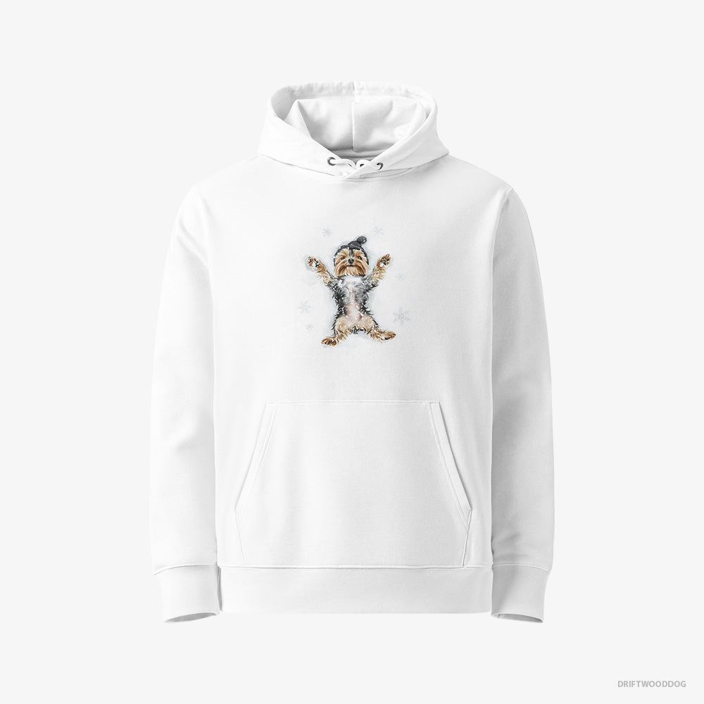 Yorkshire Terrier Hoodie – Women White Hoodie Eco-Friendly – Making an Angel on the Snow (on White Background)