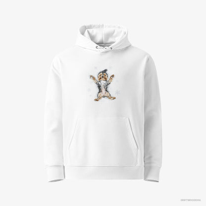 Yorkshire Terrier Making an Angel on the Snow White Hoodie