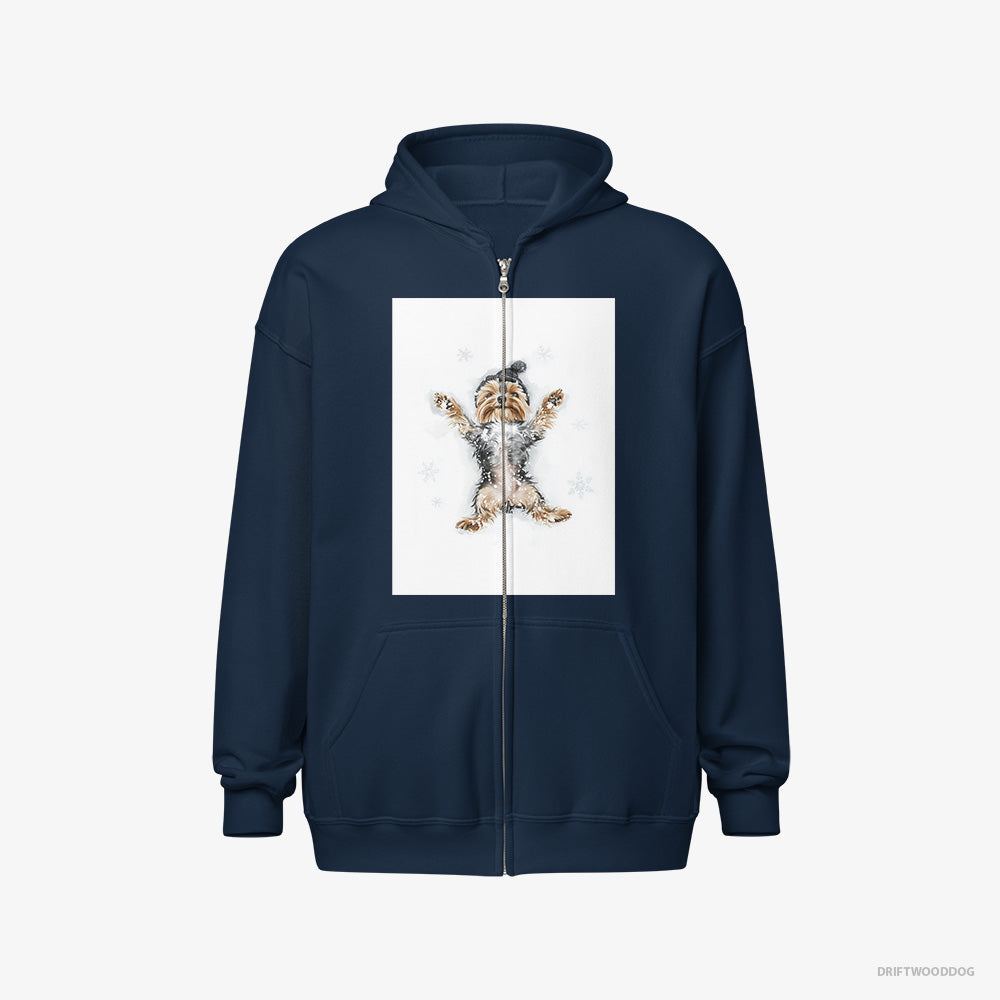 Yorkshire Terrier Hoodie – Men Navy Hoodie Full-Zip – Making an Angel on the Snow (on White Background)