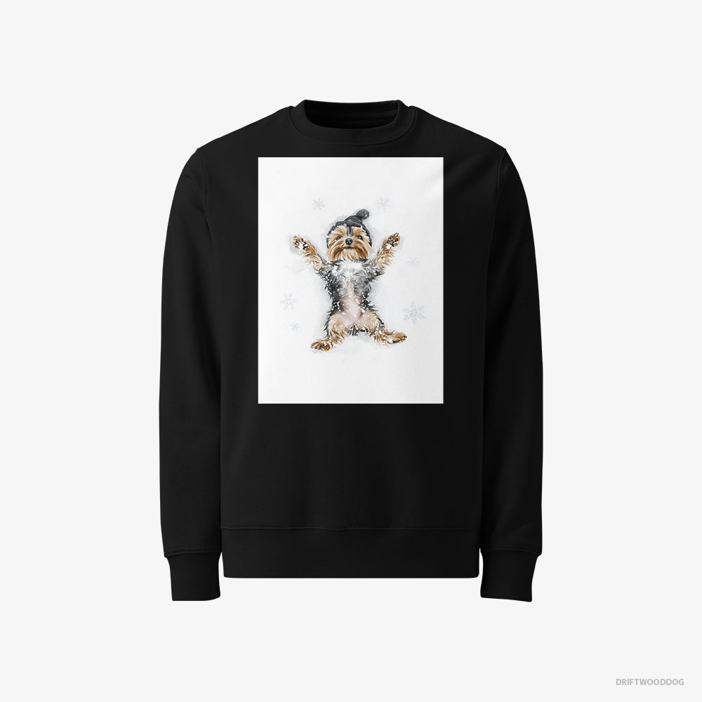 Yorkshire Terrier Sweatshirt – Men Black Sweatshirt Classic – Making an Angel on the Snow (on White Background)