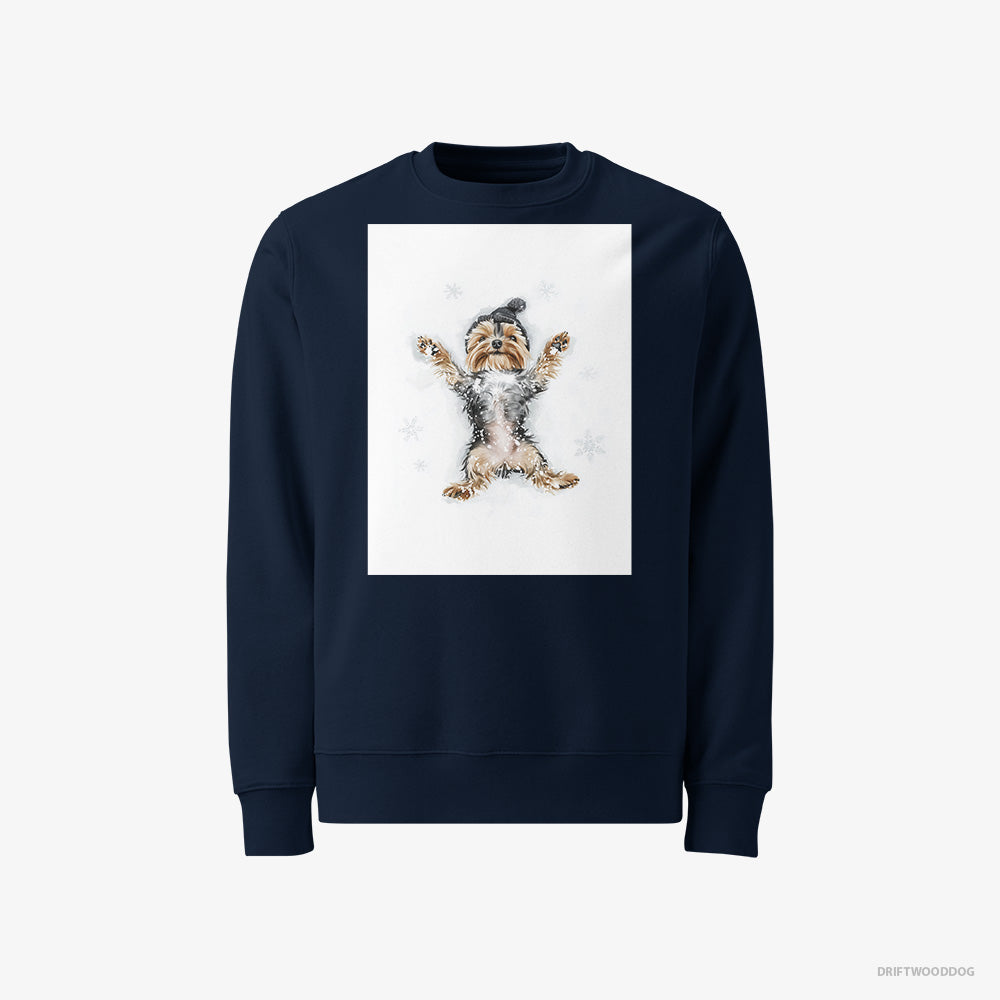 Yorkshire Terrier Sweatshirt – Men Navy Sweatshirt Classic – Making an Angel on the Snow (on White Background)