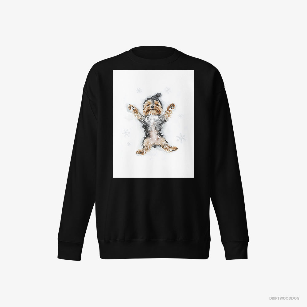 Yorkshire Terrier Sweatshirt – Men Black Sweatshirt Eco-Friendly – Making an Angel on the Snow (on White Background)