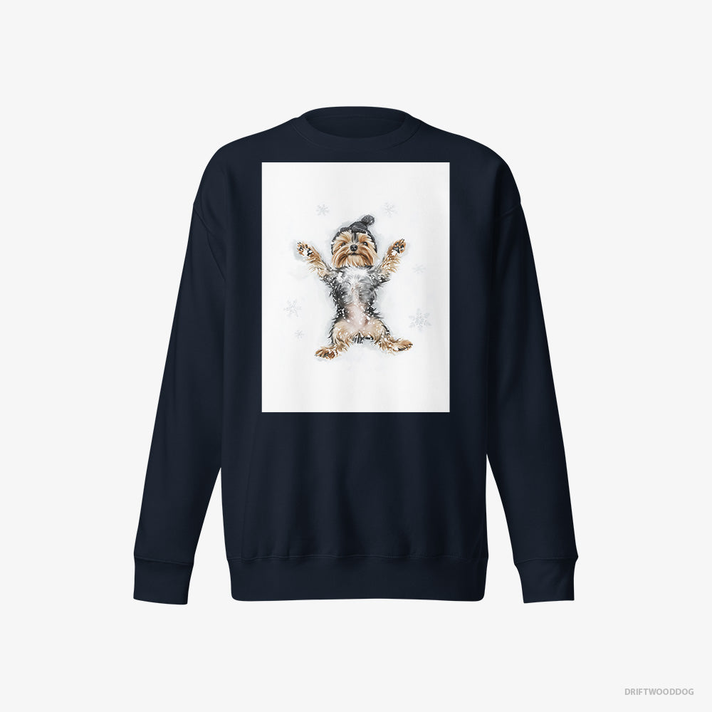 Yorkshire Terrier Sweatshirt – Women Navy Sweatshirt Eco-Friendly – Making an Angel on the Snow (on White Background)