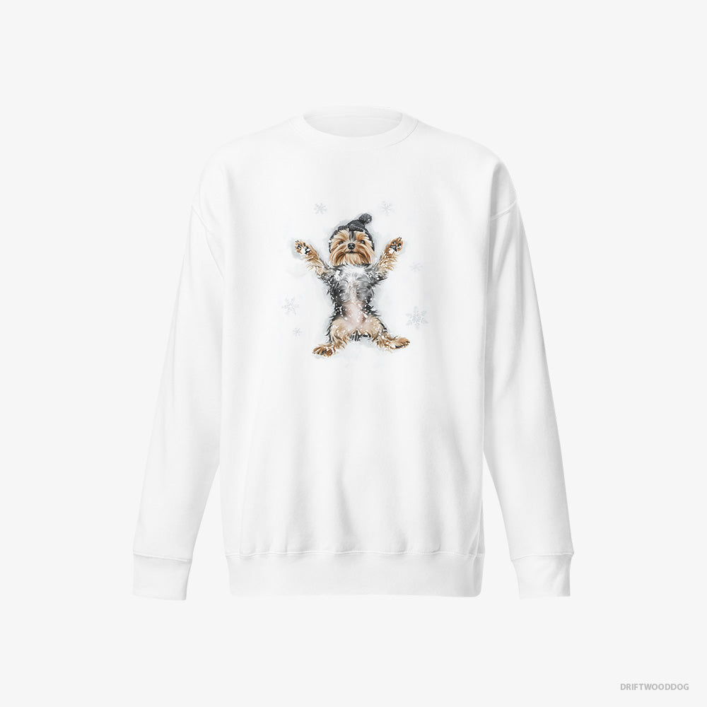 Yorkshire Terrier Sweatshirt – Men White Sweatshirt Eco-Friendly – Making an Angel on the Snow (on White Background)