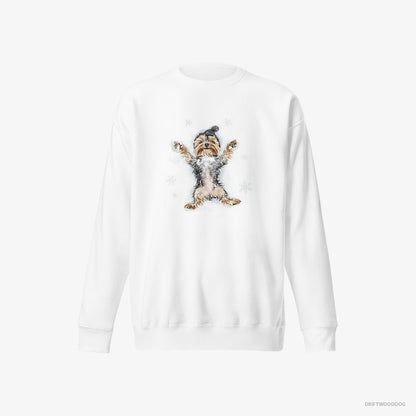 Yorkshire Terrier Making an Angel on the Snow White Sweatshirt