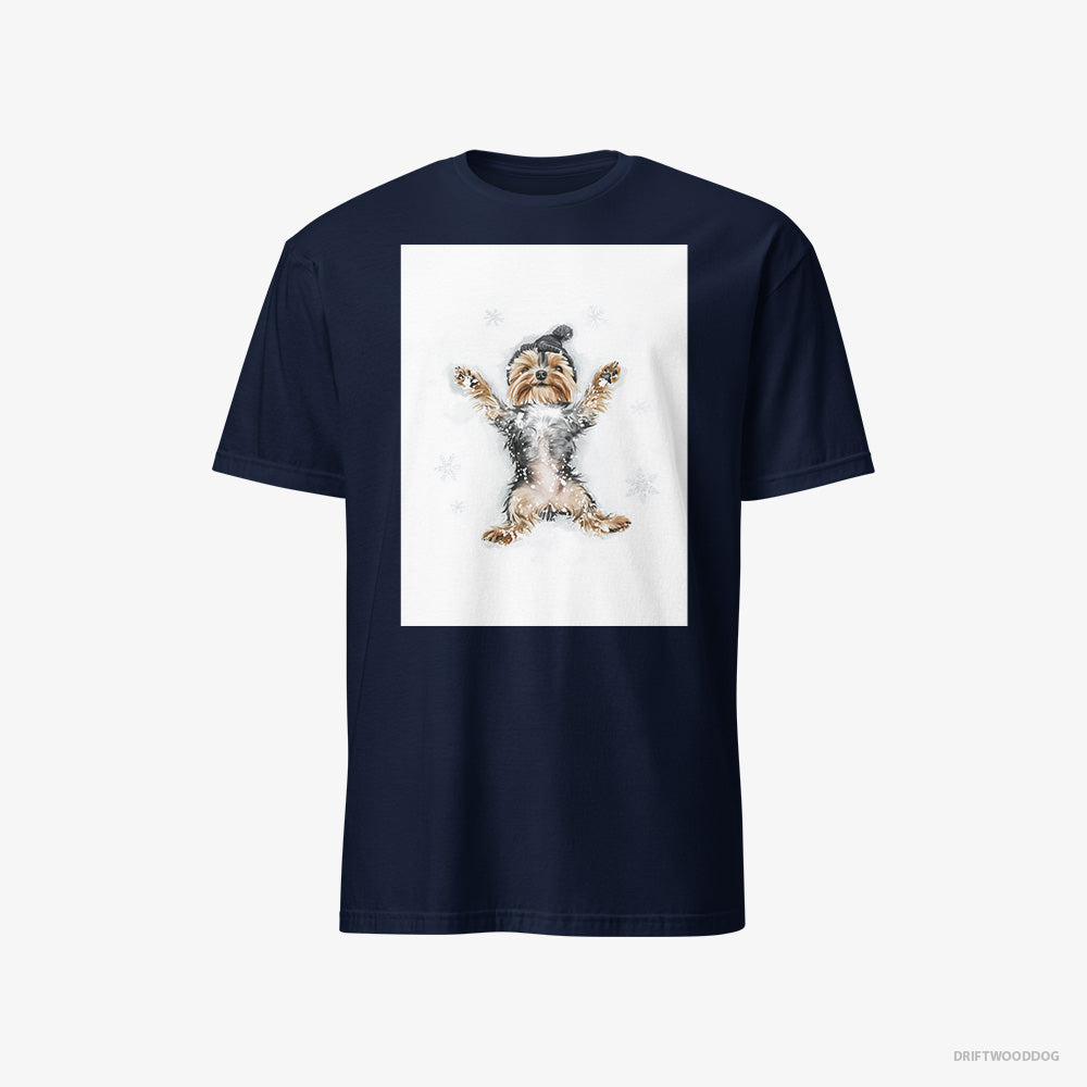 Yorkshire Terrier T-Shirt – Men Navy T-Shirt Classic – Making an Angel on the Snow (on White Background)