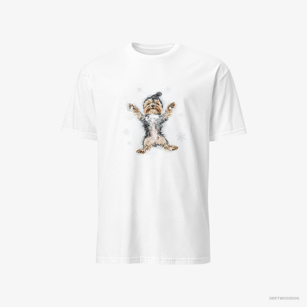 Yorkshire Terrier T-Shirt – Men White T-Shirt Classic – Making an Angel on the Snow (on White Background)