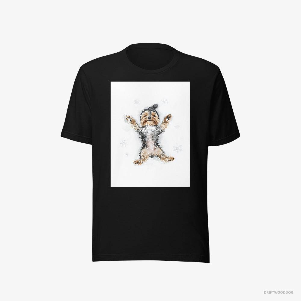 Yorkshire Terrier T-Shirt – Men Black T-Shirt Eco-Friendly – Making an Angel on the Snow (on White Background)