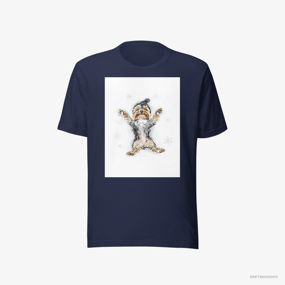 Yorkshire Terrier T-Shirt – Men Navy T-Shirt Eco-Friendly – Making an Angel on the Snow (on White Background)