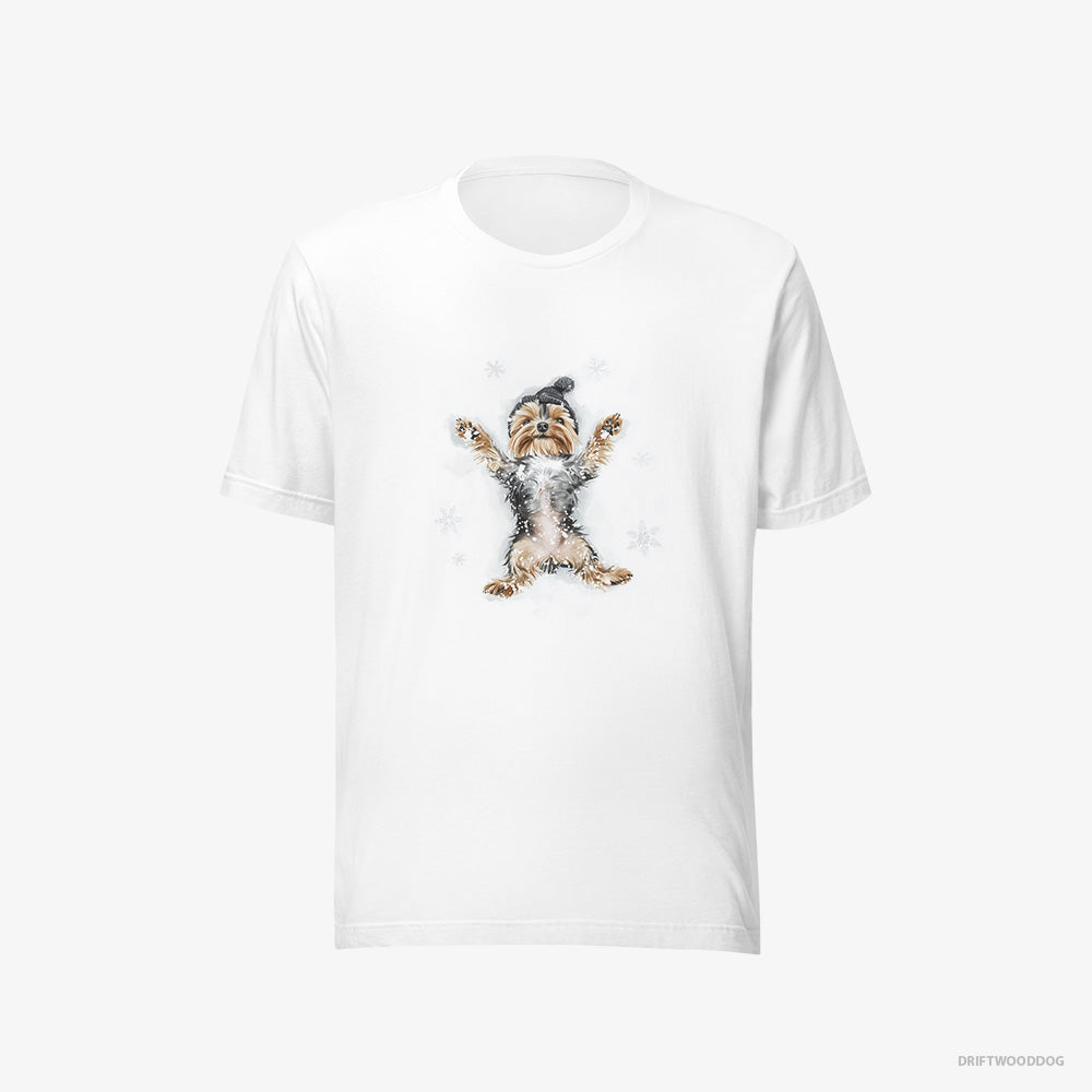 Yorkshire Terrier T-Shirt – Men White T-Shirt Eco-Friendly – Making an Angel on the Snow (on White Background)