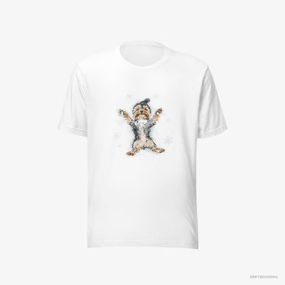 Yorkshire Terrier T-Shirt – Men White T-Shirt Eco-Friendly – Making an Angel on the Snow (on White Background)