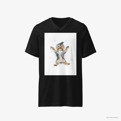 Yorkshire Terrier T-Shirt – Men Black T-Shirt V-Neck – Making an Angel on the Snow (on White Background)