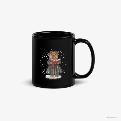 Yorkshire Terrier Mug – Unisex Black Mug Classic – Performing Christmas Carols (on White Background)