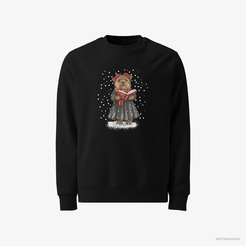 Yorkshire Terrier Sweatshirt – Men Black Sweatshirt Classic – Performing Christmas Carols (on White Background)