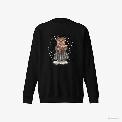 Yorkshire Terrier Sweatshirt – Men Black Sweatshirt Eco-Friendly – Performing Christmas Carols (on White Background)