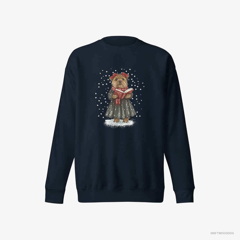 Yorkshire Terrier Sweatshirt – Men Navy Sweatshirt Eco-Friendly – Performing Christmas Carols (on White Background)