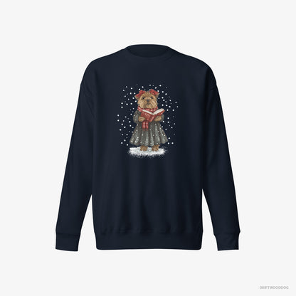 Yorkshire Terrier Performing Christmas Carols Navy Sweatshirt