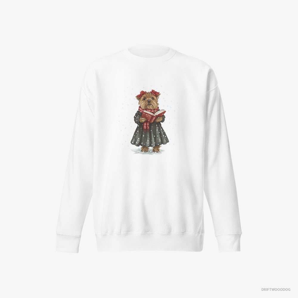 Yorkshire Terrier Sweatshirt – Men White Sweatshirt Eco-Friendly – Performing Christmas Carols (on White Background)