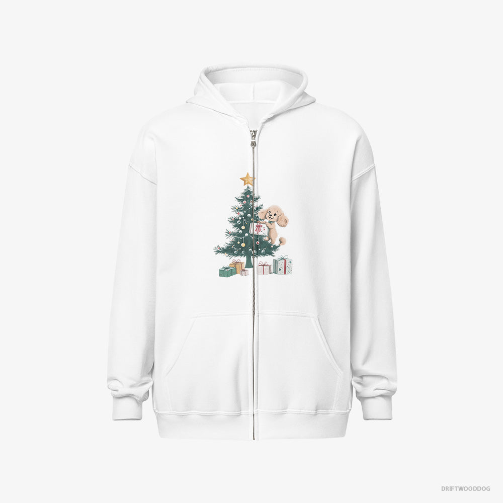 Poodle Hoodie – Men White Hoodie Full-Zip – Styling the Christmas Tree (on White Background)