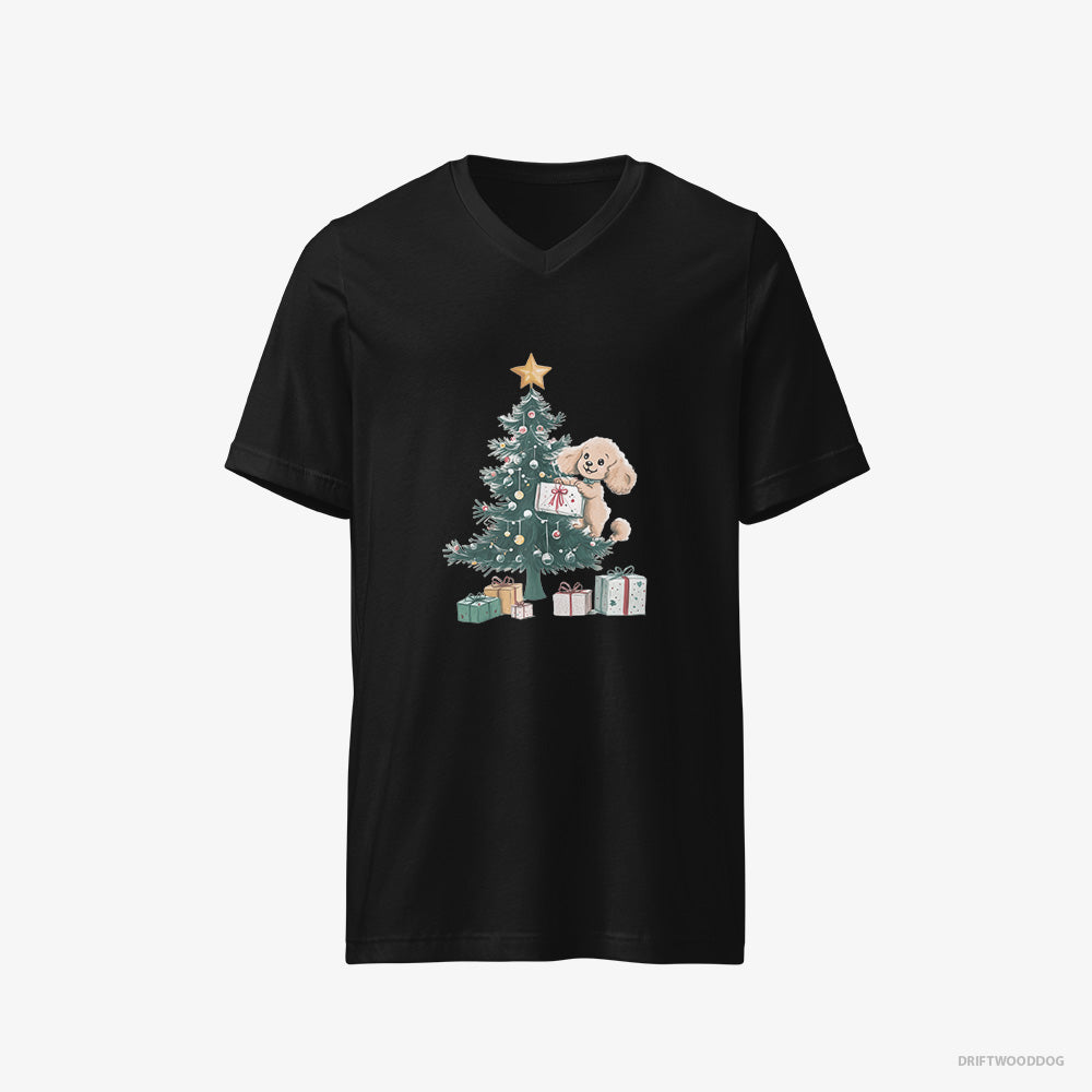 Poodle T-Shirt – Men Black T-Shirt V-Neck – Styling the Christmas Tree (on White Background)