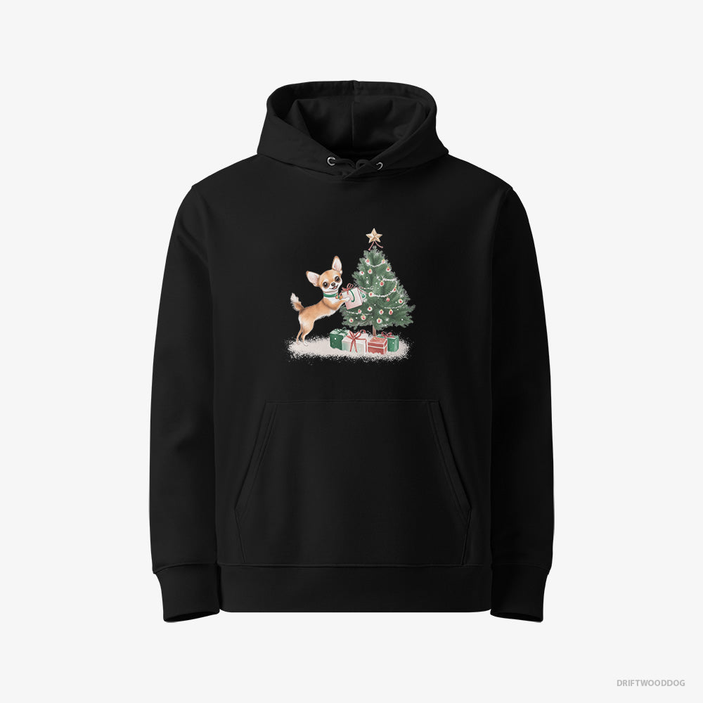 Chihuahua Hoodie – Men Black Hoodie Eco-Friendly – Placing Christmas Presents Under the Tree (on White Background)