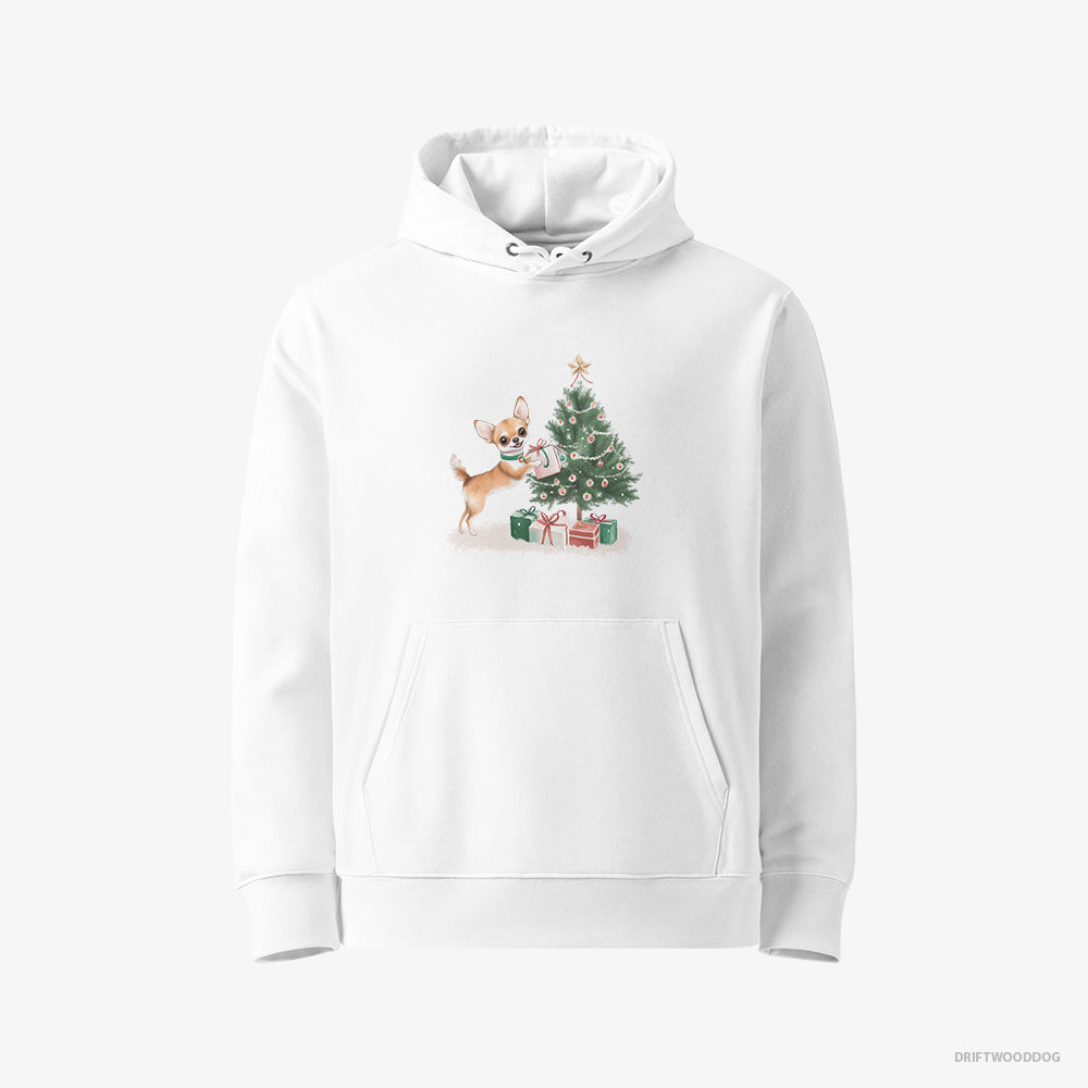 Chihuahua Hoodie – Women White Hoodie Eco-Friendly – Placing Christmas Presents Under the Tree (on White Background)