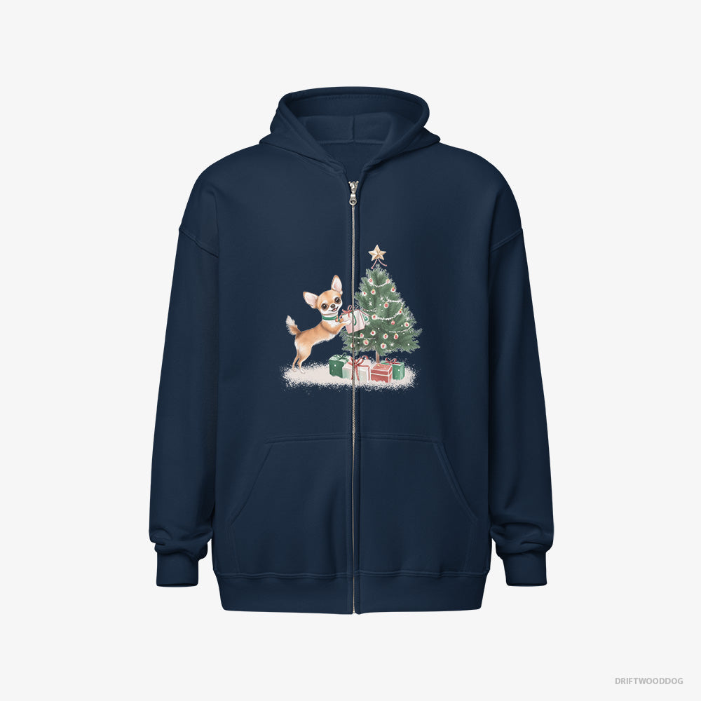 Chihuahua Hoodie – Men Navy Hoodie Full-Zip – Placing Christmas Presents Under the Tree (on White Background)