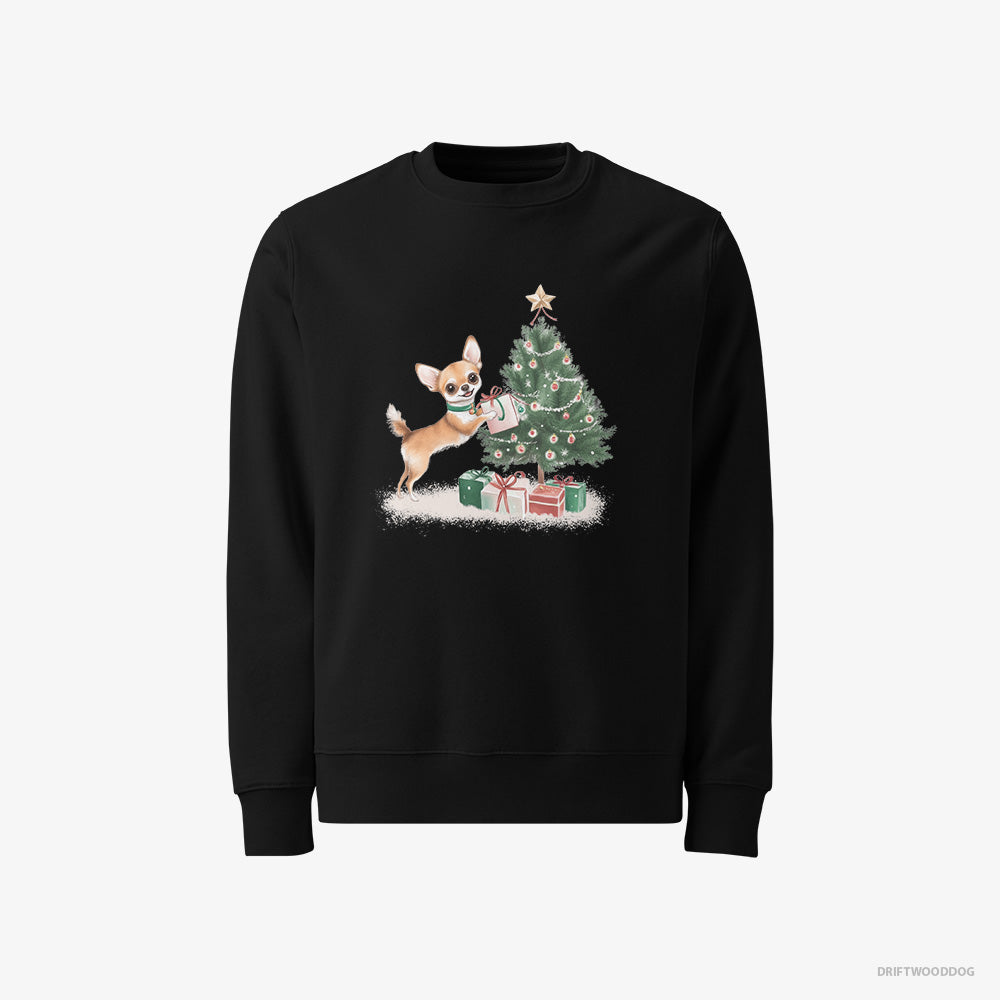 Chihuahua Sweatshirt – Women Black Sweatshirt Classic – Placing Christmas Presents Under the Tree (on White Background)