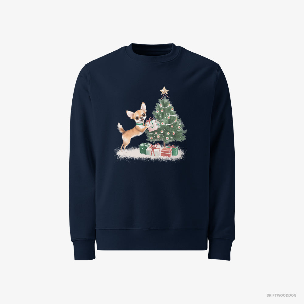 Chihuahua Sweatshirt – Men Navy Sweatshirt Classic – Placing Christmas Presents Under the Tree (on White Background)