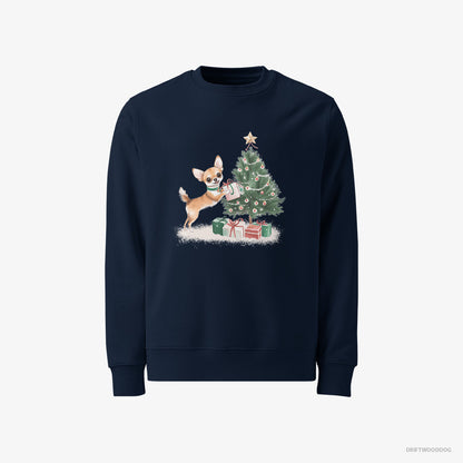 Chihuahua Sweatshirt – Men Navy Sweatshirt Classic – Placing Christmas Presents Under the Tree (on White Background)