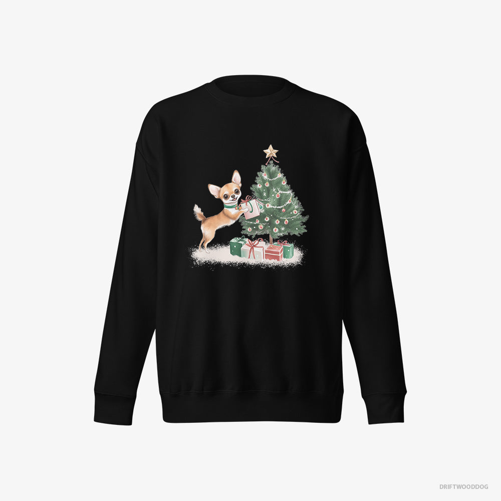 Chihuahua Sweatshirt – Men Black Sweatshirt Eco-Friendly – Placing Christmas Presents Under the Tree (on White Background)