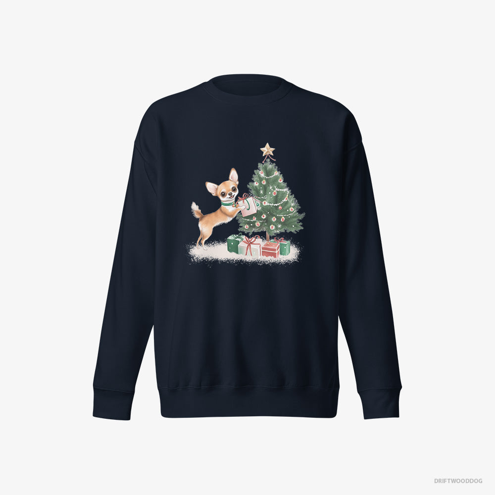 Chihuahua Sweatshirt – Men Navy Sweatshirt Eco-Friendly – Placing Christmas Presents Under the Tree (on White Background)