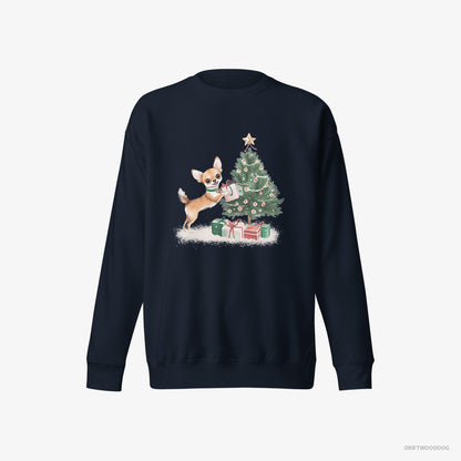 Chihuahua Sweatshirt – Men Navy Sweatshirt Eco-Friendly – Placing Christmas Presents Under the Tree (on White Background)