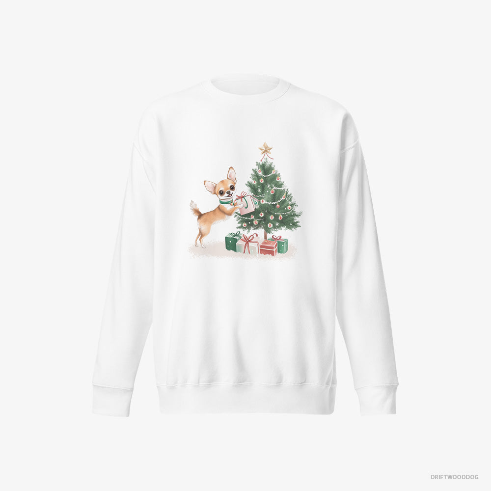 Chihuahua Sweatshirt – Women White Sweatshirt Eco-Friendly – Placing Christmas Presents Under the Tree (on White Background)