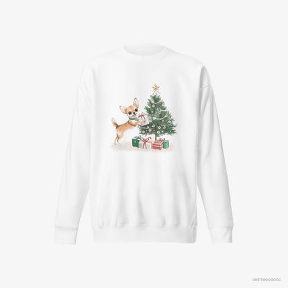 Chihuahua Placing Christmas Presents Under the Tree White Sweatshirt