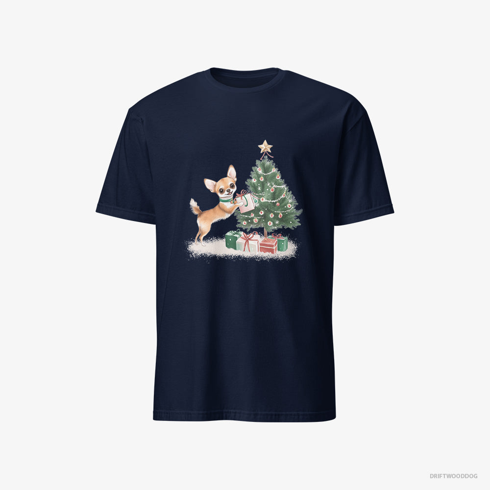 Chihuahua T-Shirt – Men Navy T-Shirt Classic – Placing Christmas Presents Under the Tree (on White Background)