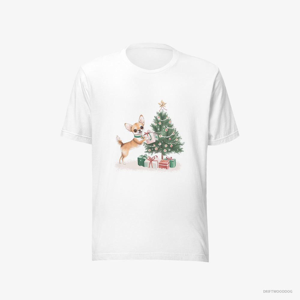 Chihuahua T-Shirt – Men White T-Shirt Eco-Friendly – Placing Christmas Presents Under the Tree (on White Background)