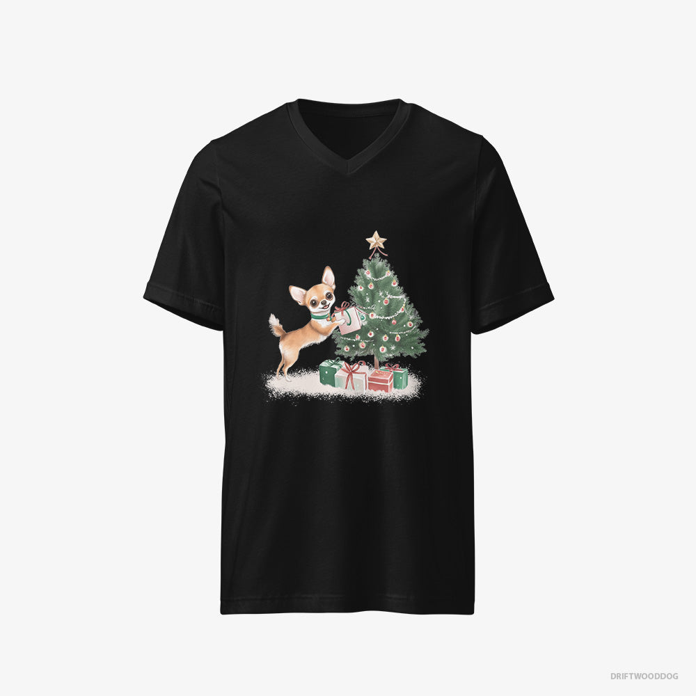 Chihuahua T-Shirt – Men Black T-Shirt V-Neck – Placing Christmas Presents Under the Tree (on White Background)